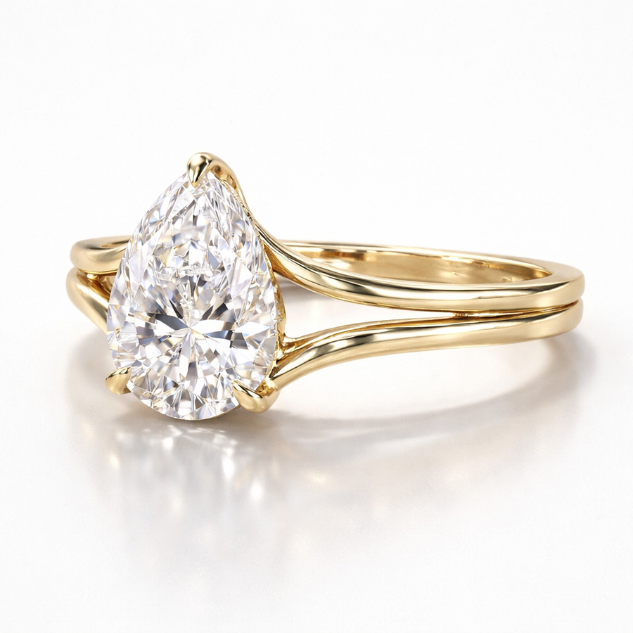 Pear Cut Moissanite Diamond Hidden Halo Sterling Silver Ring
