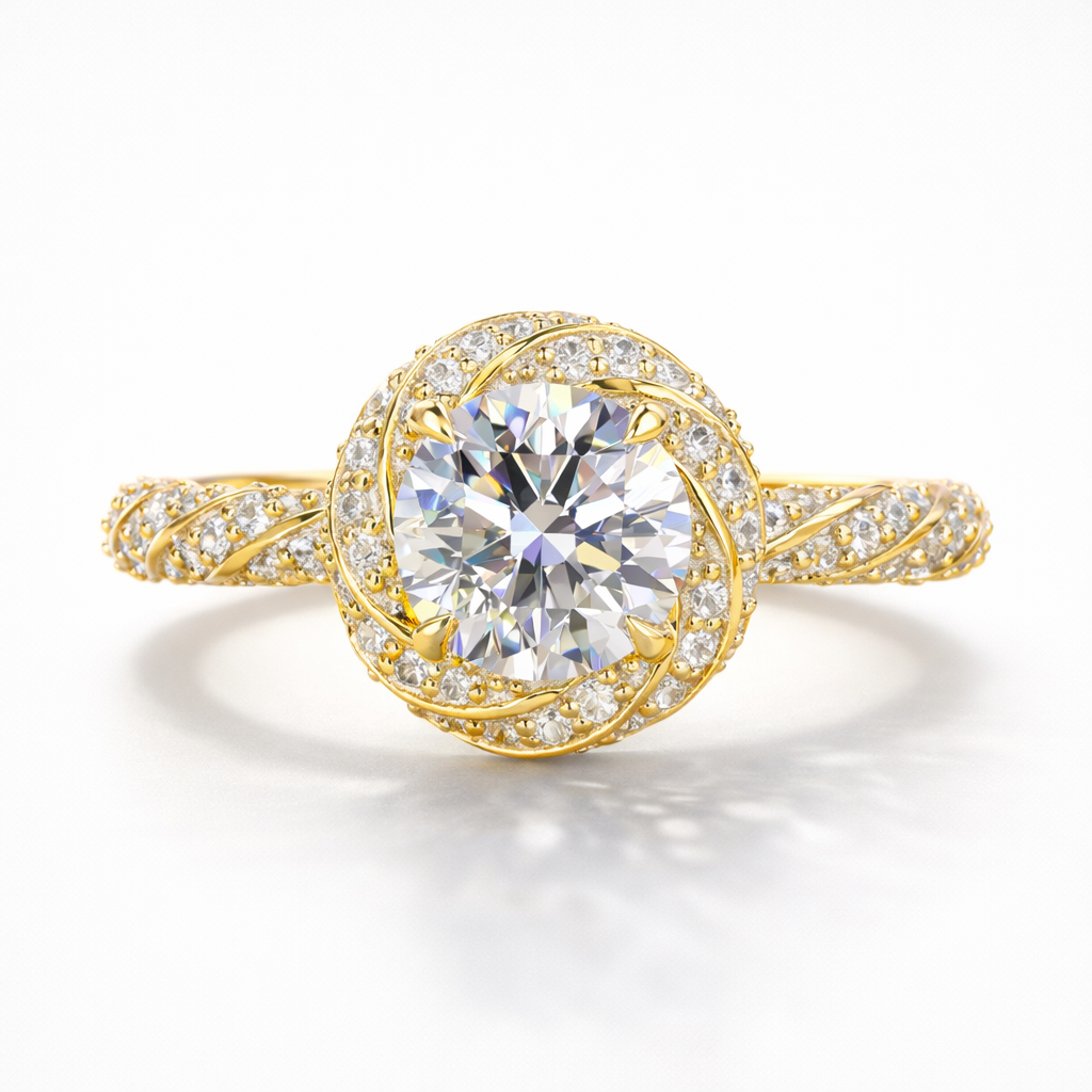 Round Cut Moissanite Diamond Twisted Pave Sterling Silver Ring