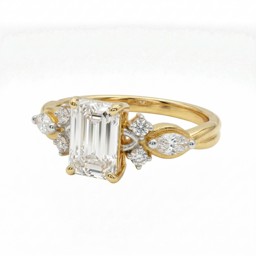 Emerald Cut Moissanite Diamond Sterling Silver Engagement Ring
