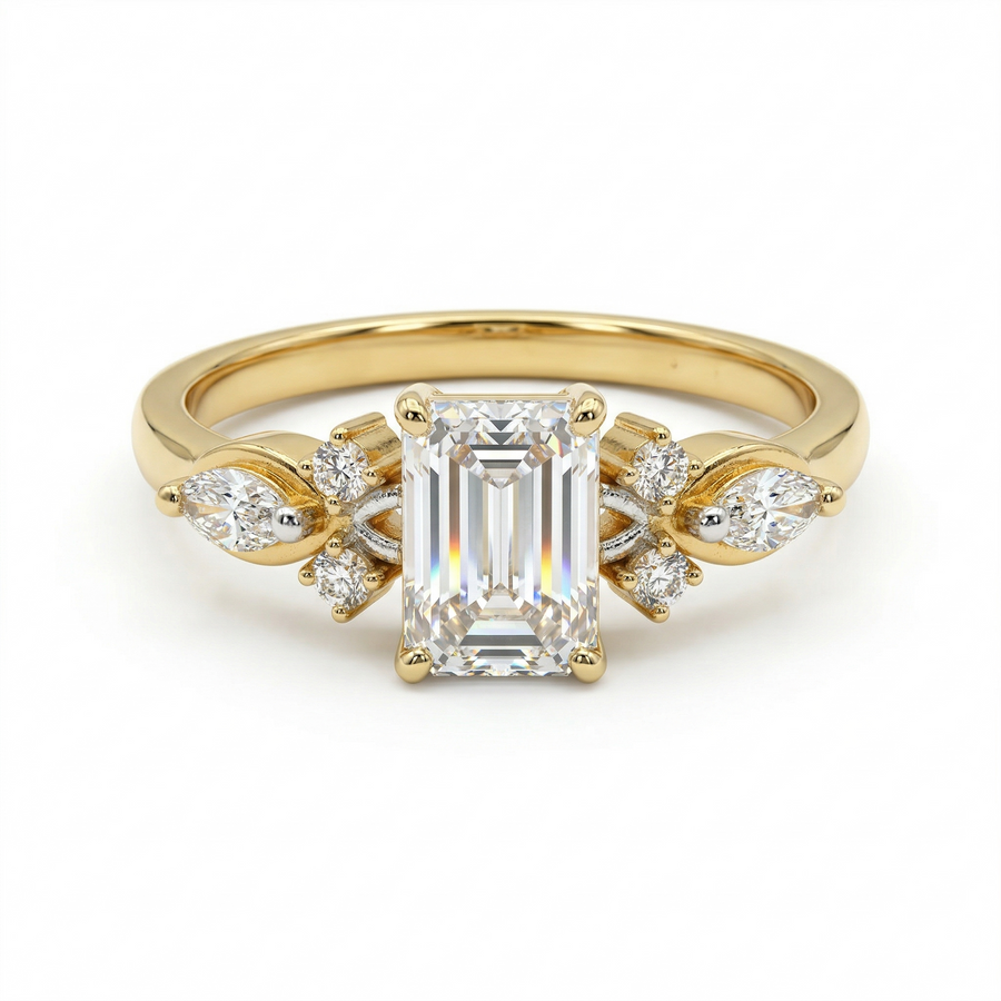 Emerald Cut Moissanite Diamond Sterling Silver Engagement Ring