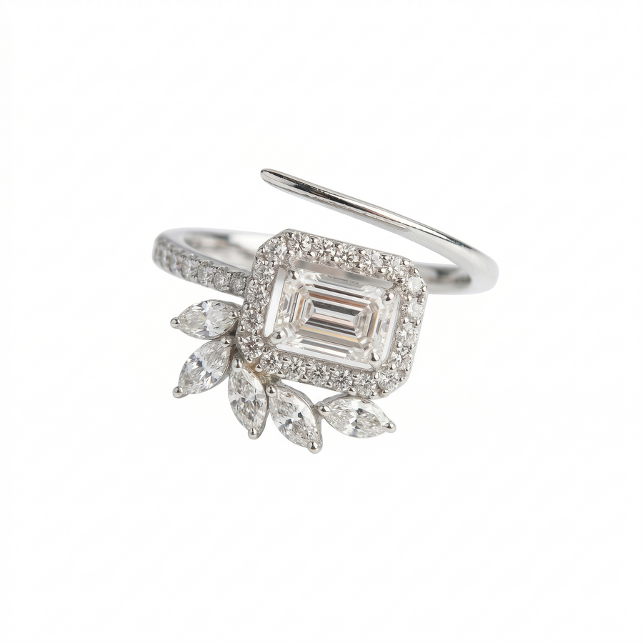 Emerald Cut Moissanite Diamond Sterling Silver Engagement Ring