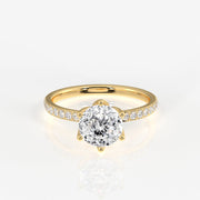 Portuguese Cut Tulip Six Prong Moissanite Diamond Pave Sterling Silver Ring