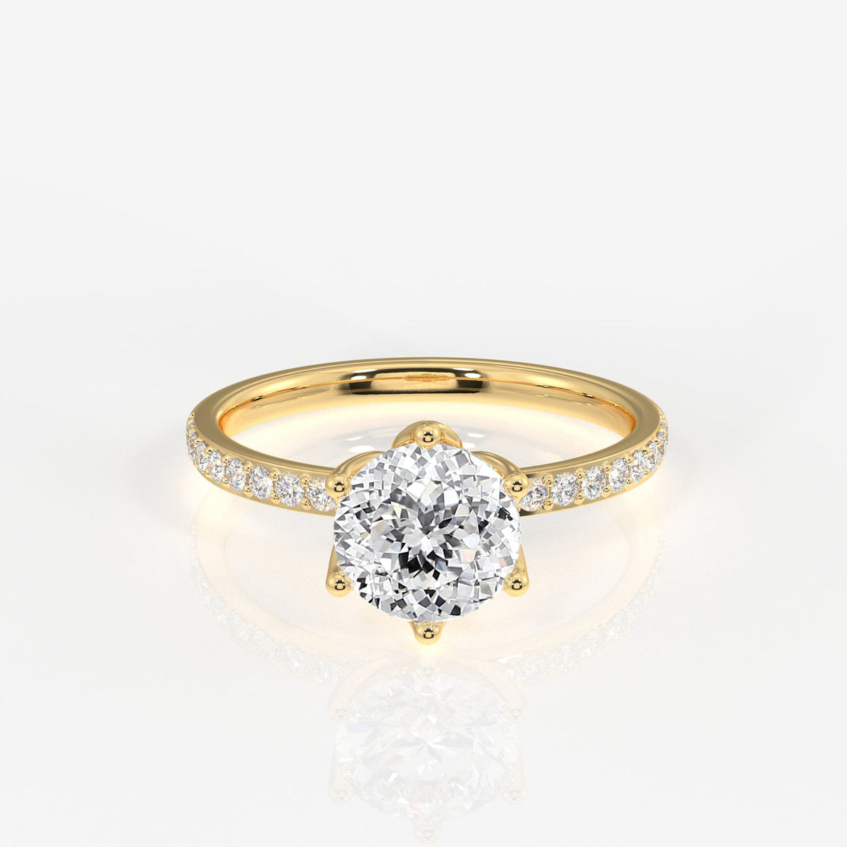 Portuguese Cut Tulip Six Prong Moissanite Diamond Pave Sterling Silver Ring