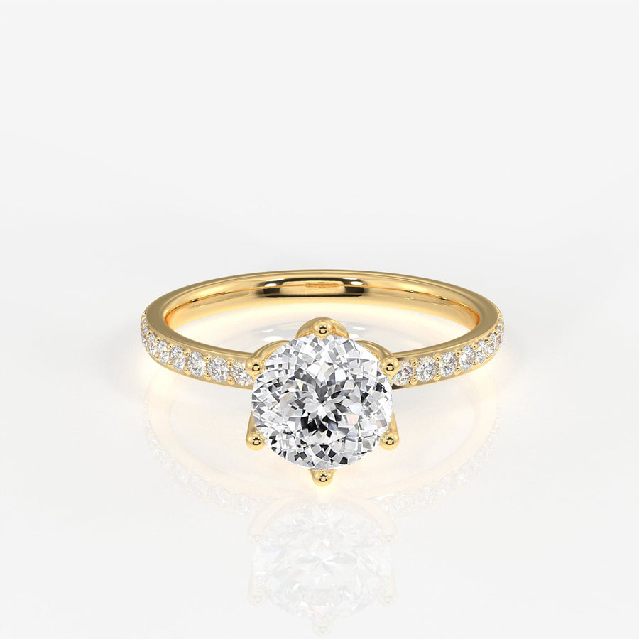Portuguese Cut Tulip Six Prong Moissanite Diamond Pave Sterling Silver Ring