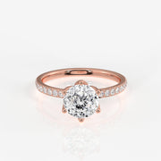 Portuguese Cut Tulip Six Prong Moissanite Diamond Pave Sterling Silver Ring