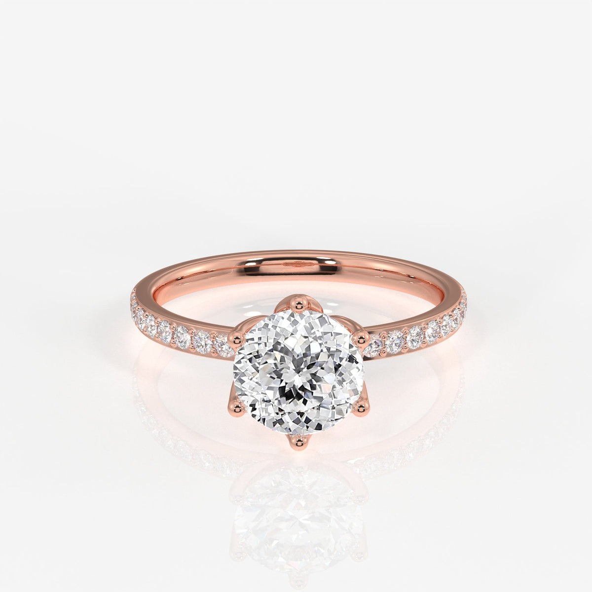 Portuguese Cut Tulip Six Prong Moissanite Diamond Pave Sterling Silver Ring