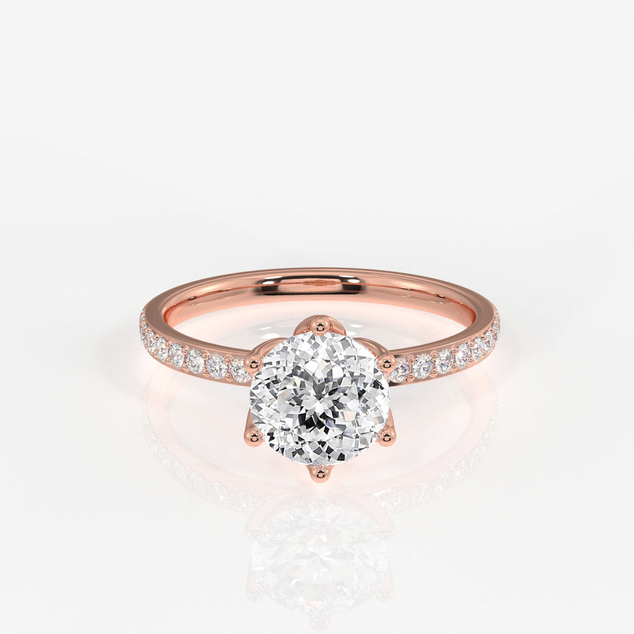 Portuguese Cut Tulip Six Prong Moissanite Diamond Pave Sterling Silver Ring