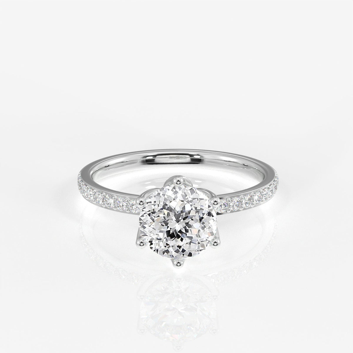 Portuguese Cut Tulip Six Prong Moissanite Diamond Pave Sterling Silver Ring