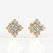Round and Baguette Cut Moissanite Diamond Stud Sterling Silver Earrings