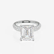 Emerald Cut Moissanite Diamond Three Layer Pave Sterling Silver Ring