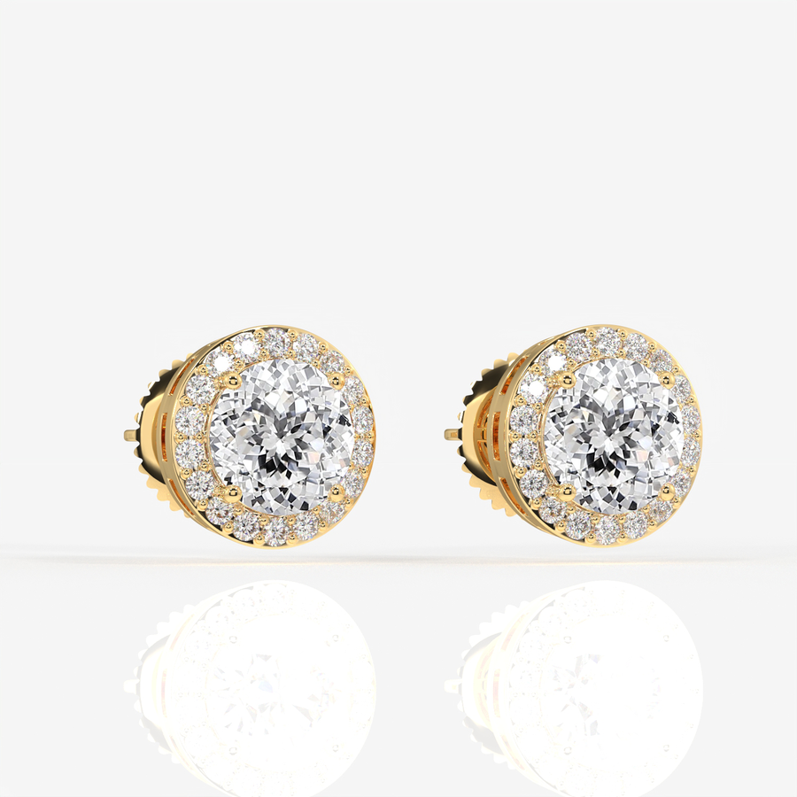 Portuguese Cut Moissanite Diamond Halo Stud Sterling Silver Earrings