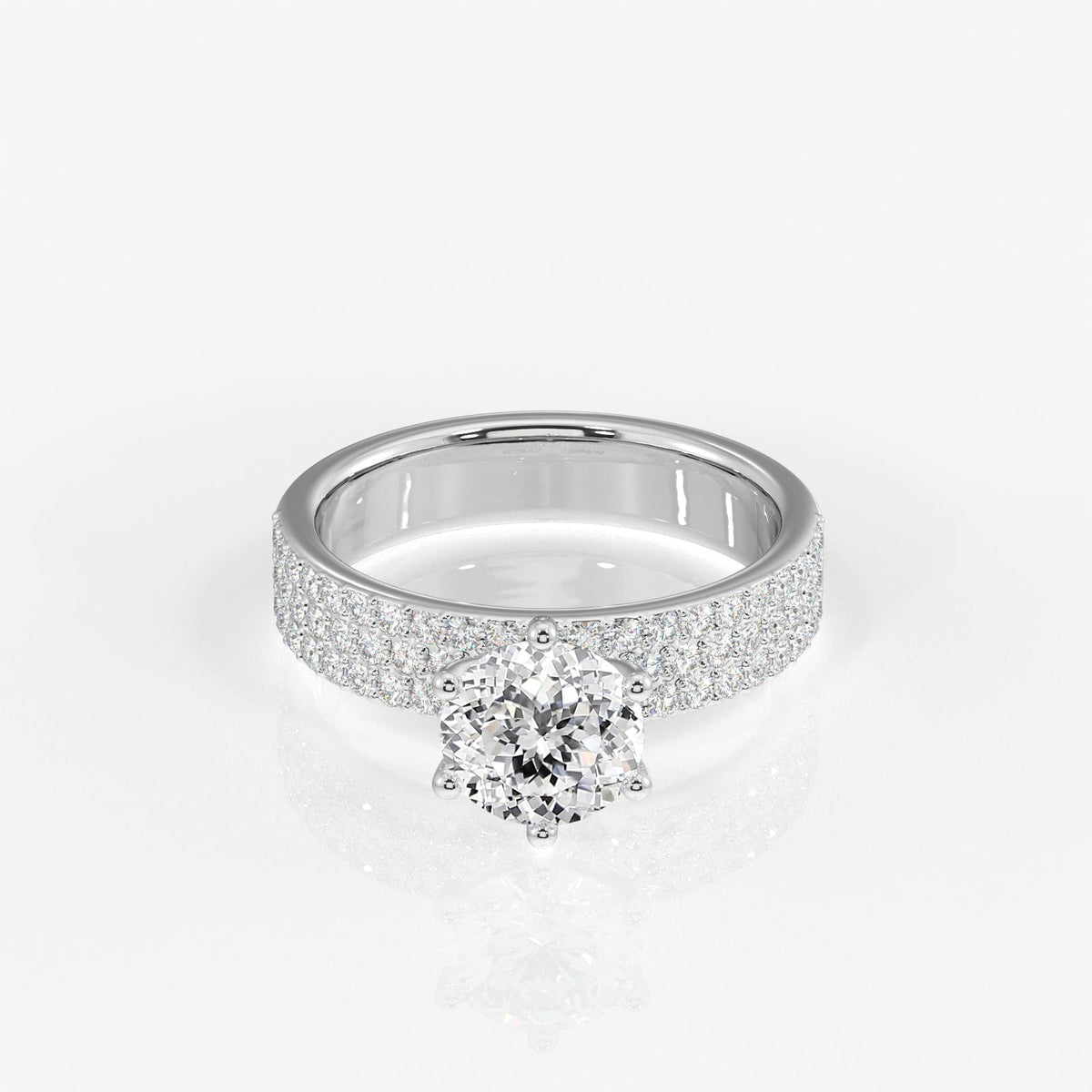 Portuguese Cut Moissanite Diamond Three Lane Pave Sterling Silver Ring