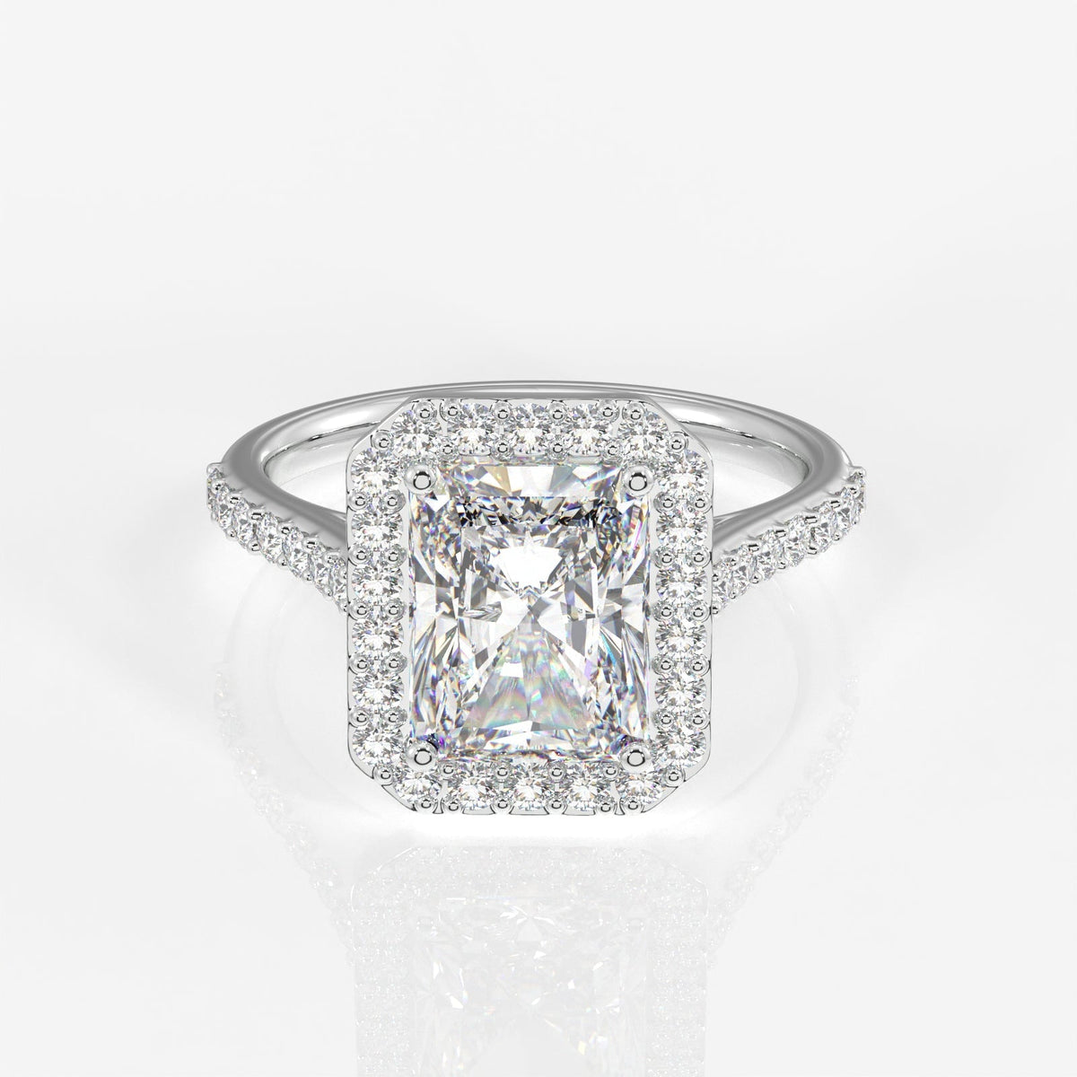 Radiant Cut Moissanite Diamond Halo Engagement Sterling Silver Ring