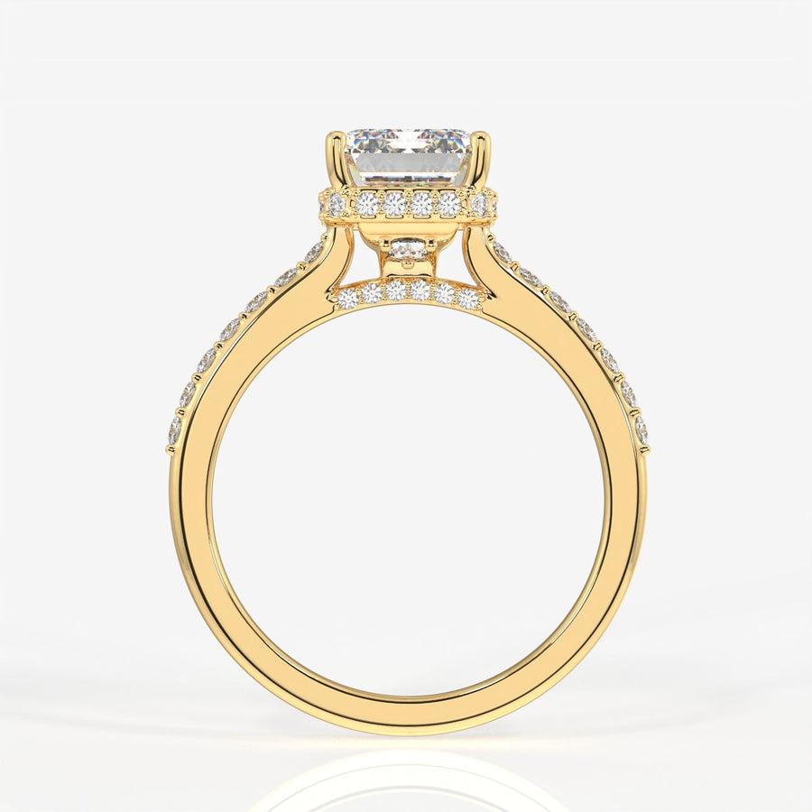 Emerald Cut Moissanite Diamond Hidden Halo Sterling Silver Ring