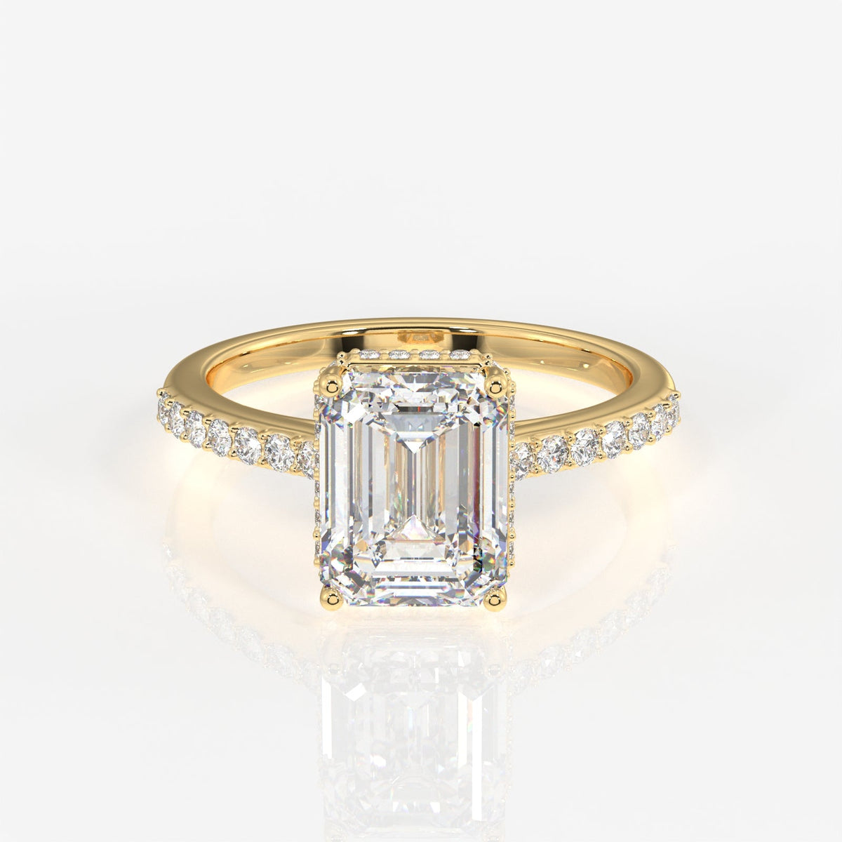 Emerald Cut Moissanite Diamond Hidden Halo Sterling Silver Ring