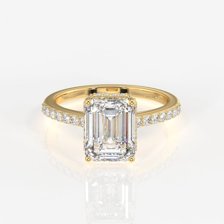 Emerald Cut Moissanite Diamond Hidden Halo Sterling Silver Ring