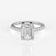 Emerald Cut Moissanite Diamond Hidden Halo Sterling Silver Ring