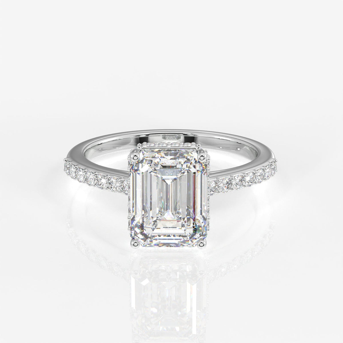 Emerald Cut Moissanite Diamond Hidden Halo Sterling Silver Ring
