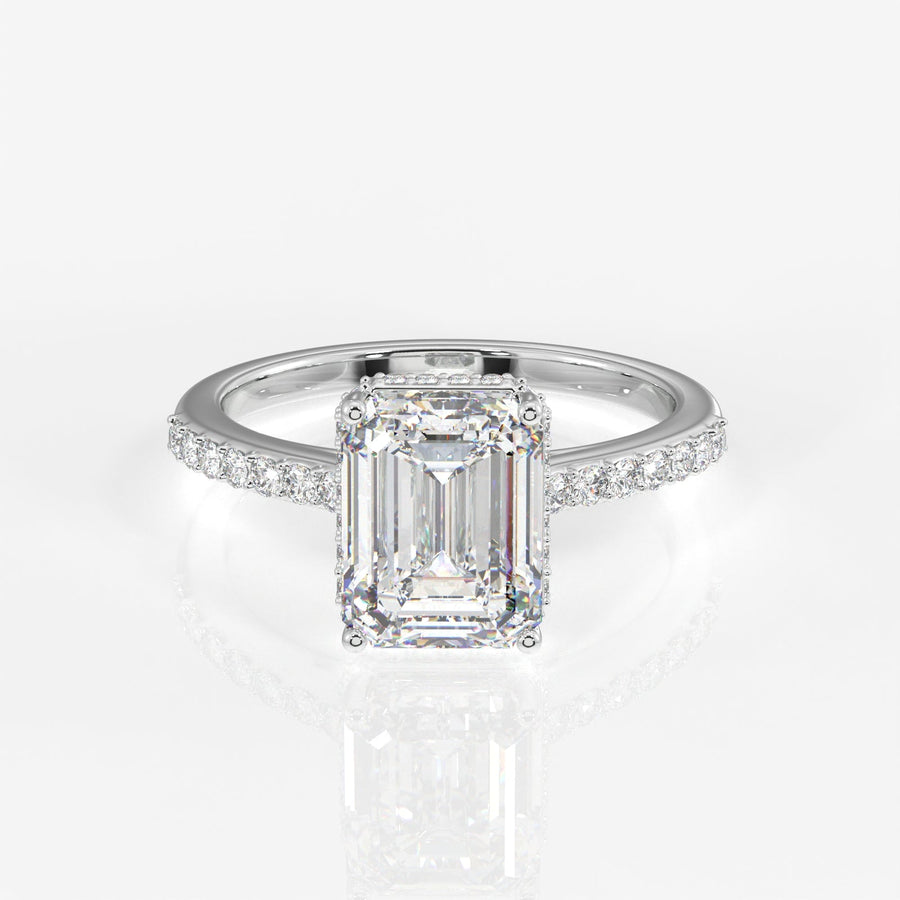 Emerald Cut Moissanite Diamond Hidden Halo Sterling Silver Ring