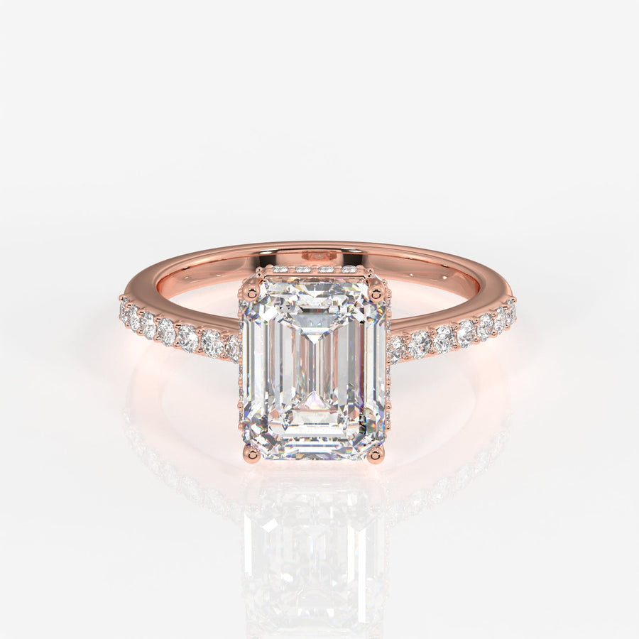 Emerald Cut Moissanite Diamond Hidden Halo Sterling Silver Ring