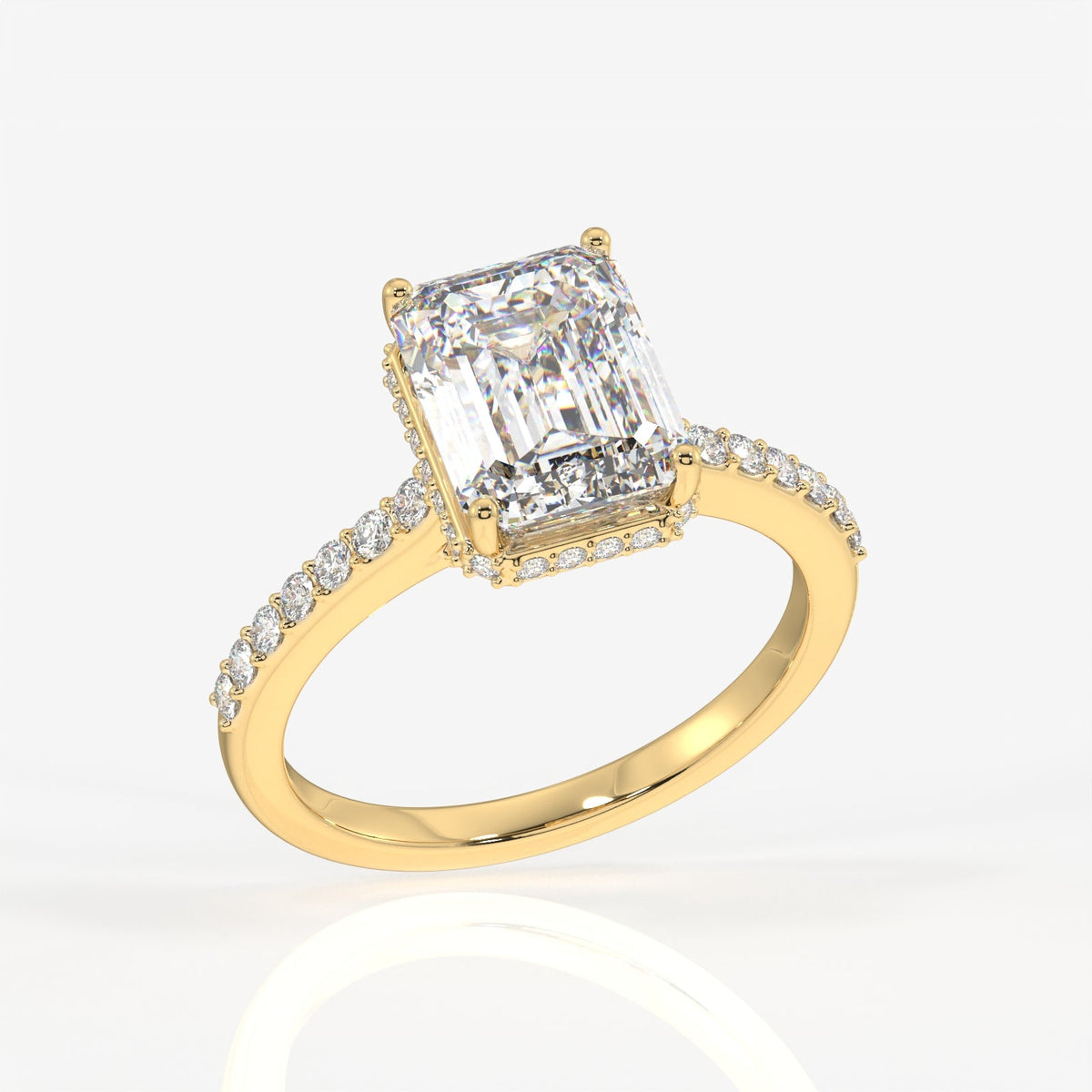Emerald Cut Moissanite Diamond Hidden Halo Sterling Silver Ring