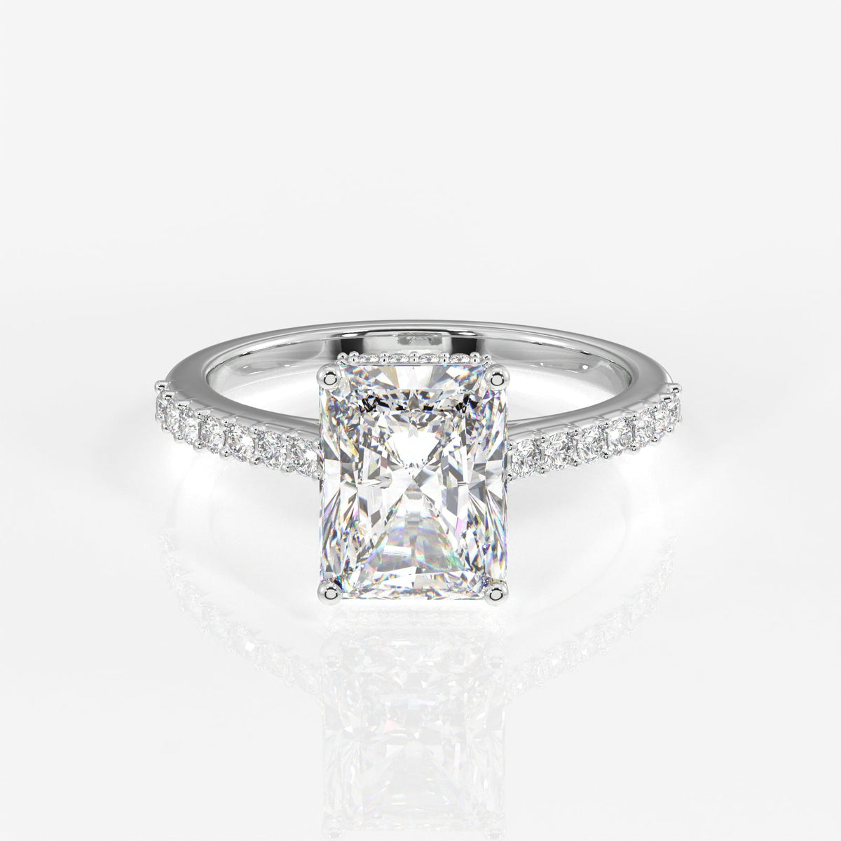 Radiant Cut Moissanite Diamond Hidden Halo Sterling Silver Ring
