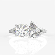 Round and Pear Cut Moissanite Diamond Toi - Et - Moi Sterling Silver Ring