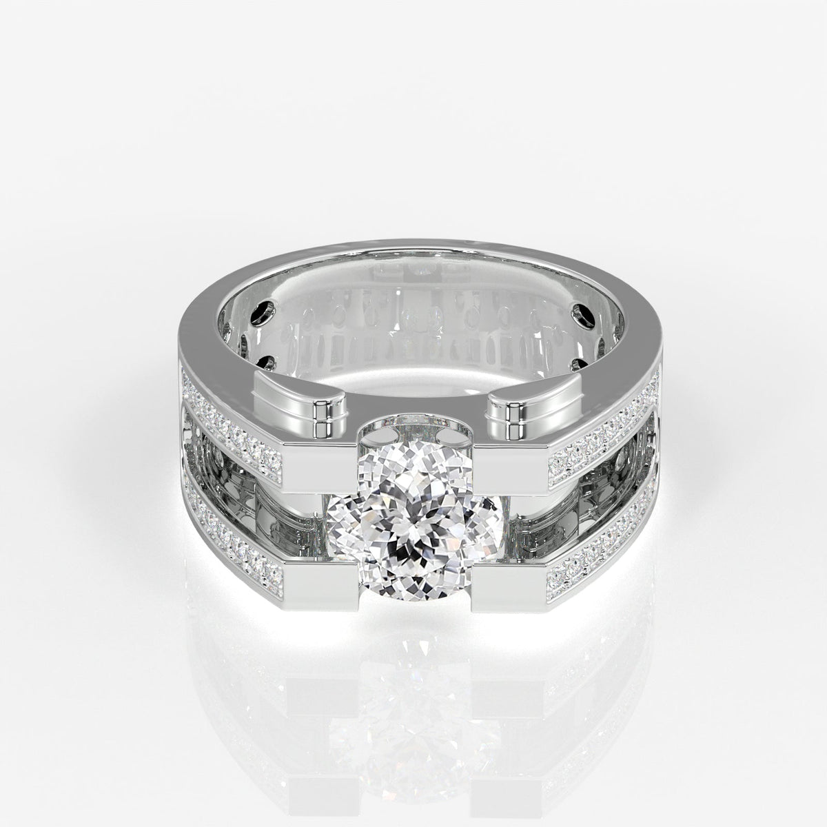 Portuguese Cut Moissanite Diamond, Albert Men's Sterling Silver Ring