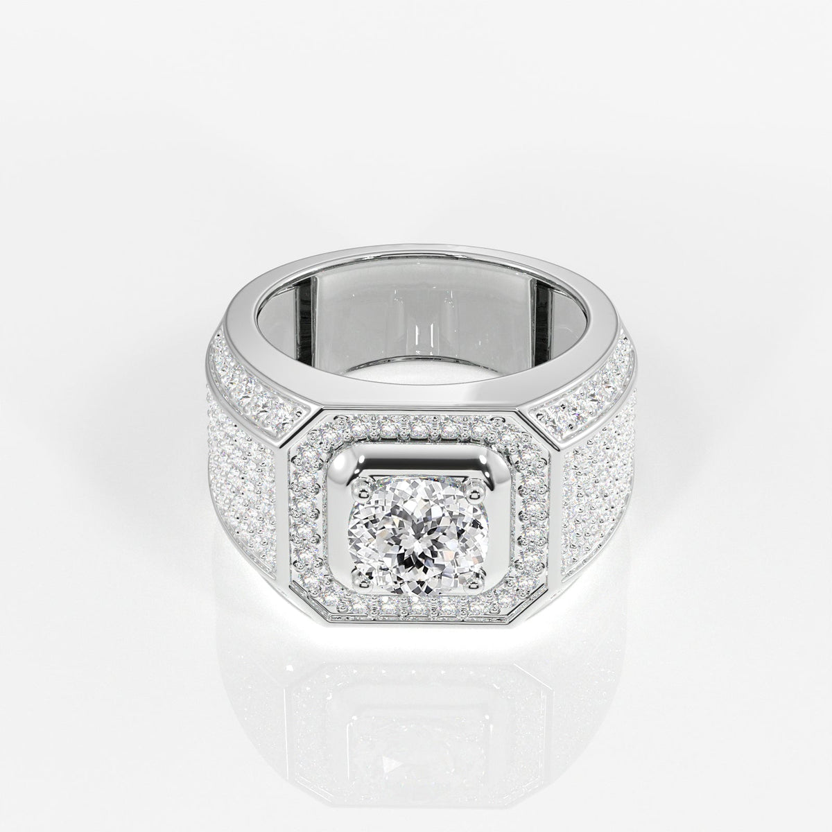 Portuguese Cut Moissanite Diamond, Full Star Men's Sterling Silver Ring