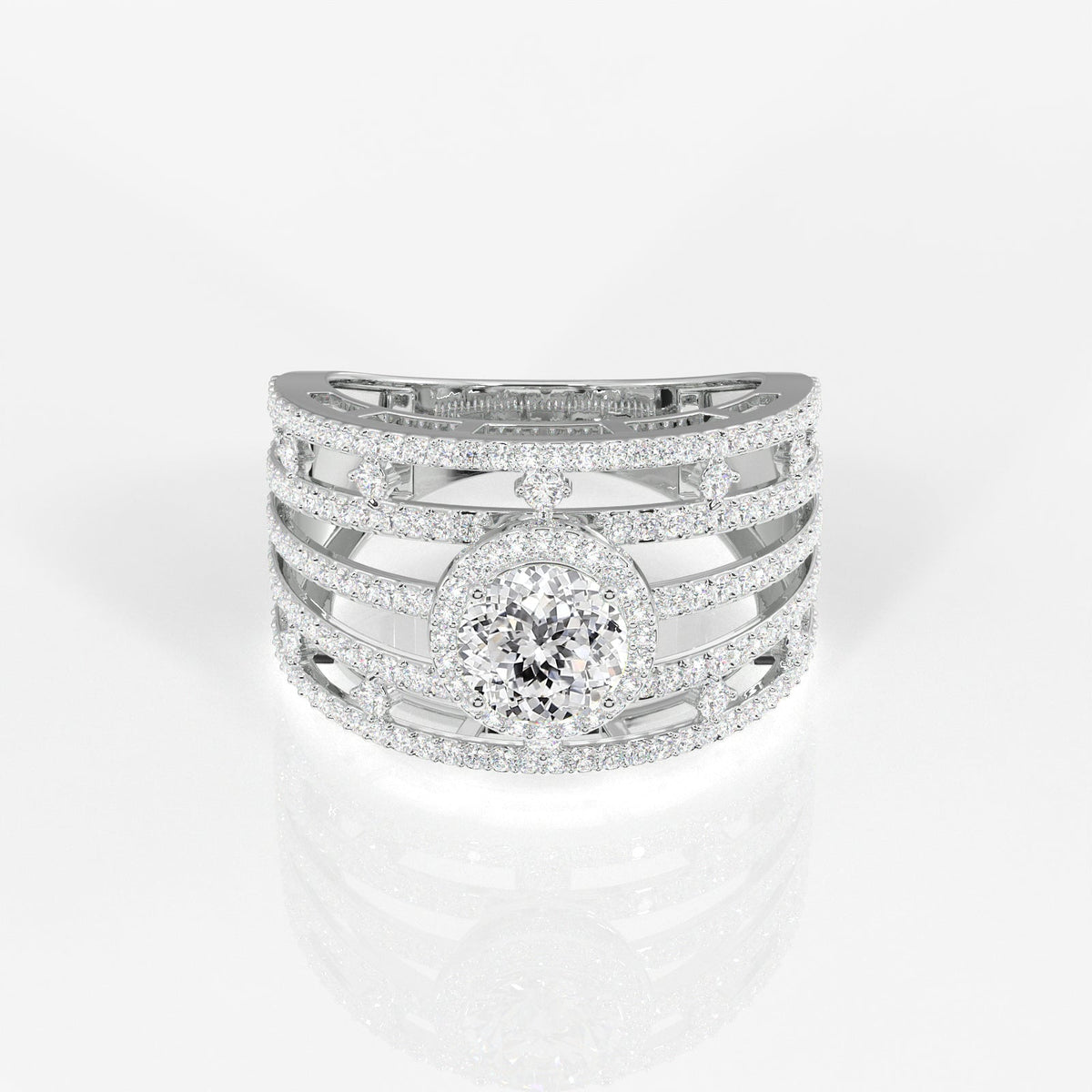 Portuguese Cut Moissanite Diamond Cocktail Sterling Silver Ring