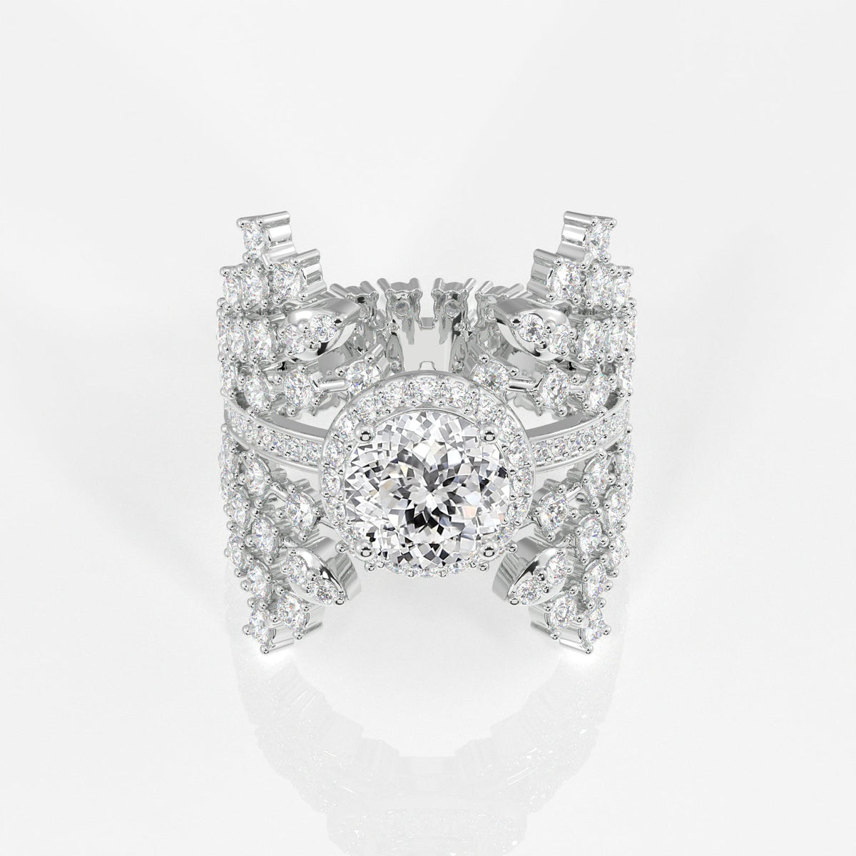 Portuguese Cut Moissanite Diamond Cocktail Sterling Silver Ring