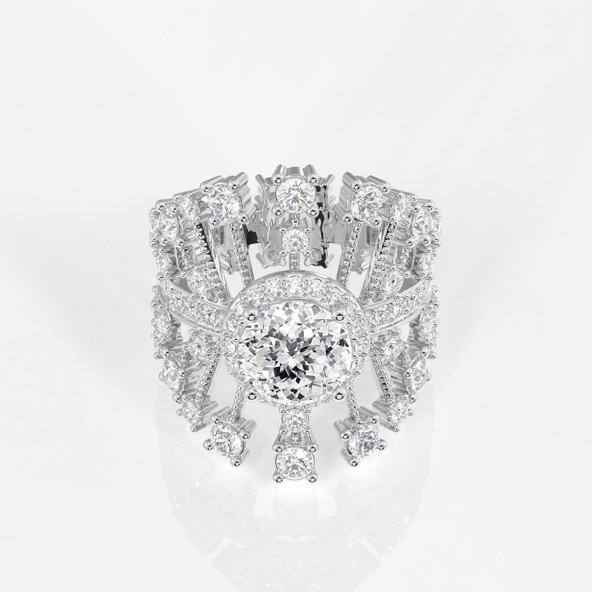 Portuguese  Cut Moissanite Diamond Cocktail Sterling Silver Ring