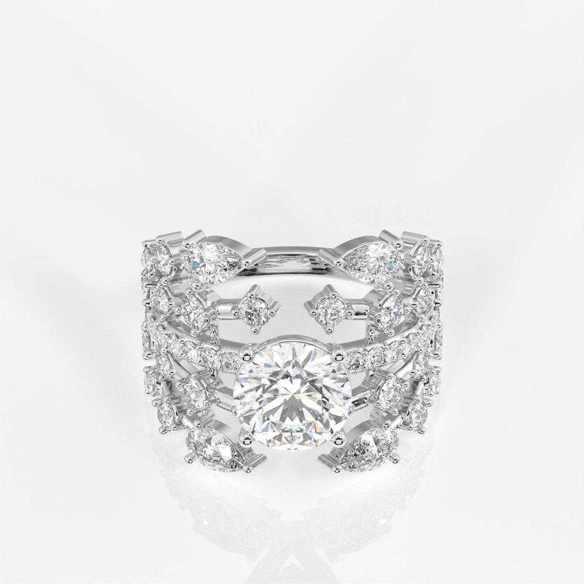 Round and Marquise Cut Moissanite Diamond Cocktail Sterling Silver Ring