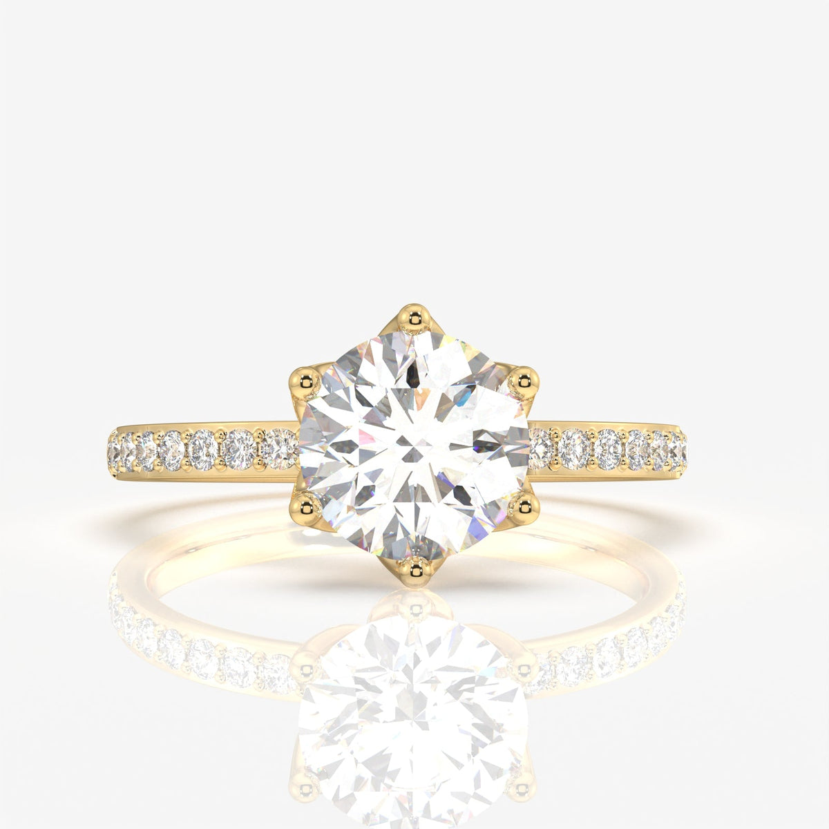 Round Cut Tulip Six Prong Moissanite Diamond Pave Sterling Silver Ring