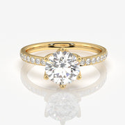 Round Cut Tulip Six Prong Moissanite Diamond Pave Sterling Silver Ring