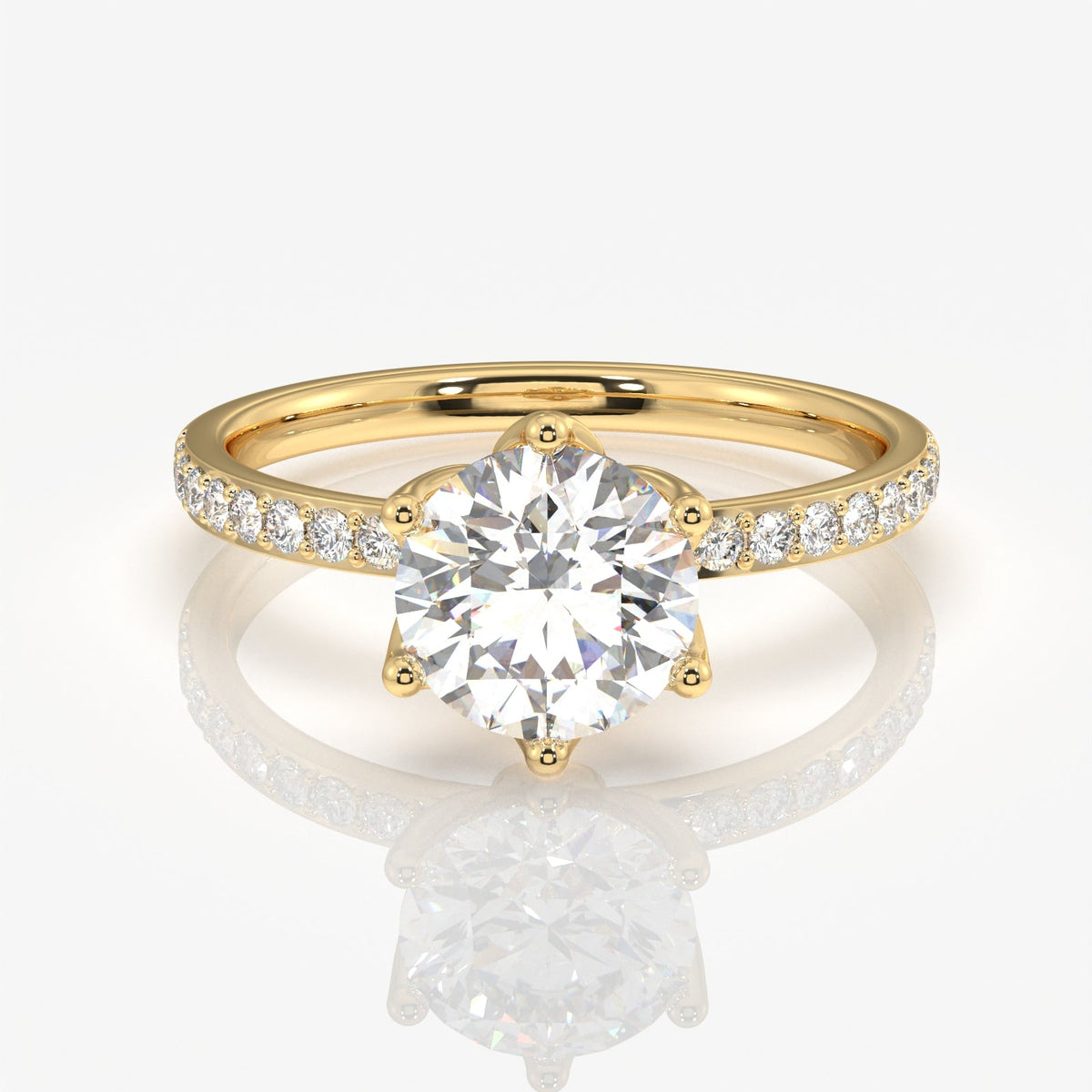 Round Cut Tulip Six Prong Moissanite Diamond Pave Sterling Silver Ring