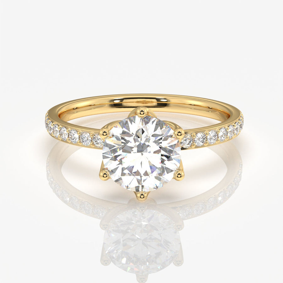 Round Cut Tulip Six Prong Moissanite Diamond Pave Sterling Silver Ring