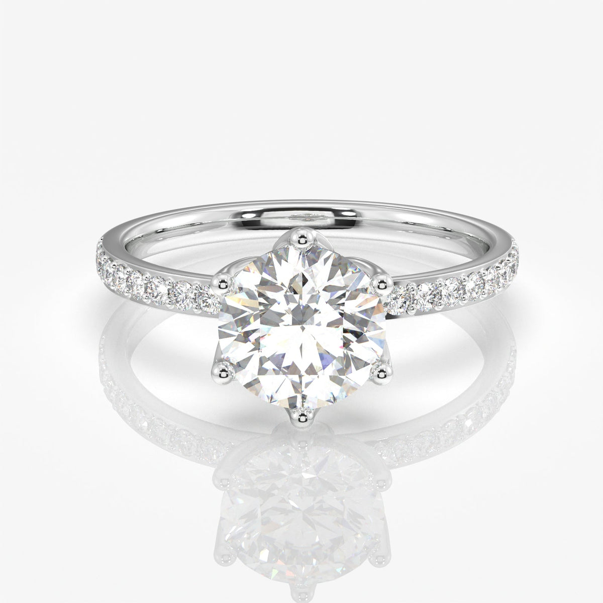 Round Cut Tulip Six Prong Moissanite Diamond Pave Sterling Silver Ring