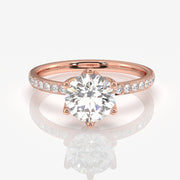 Round Cut Tulip Six Prong Moissanite Diamond Pave Sterling Silver Ring