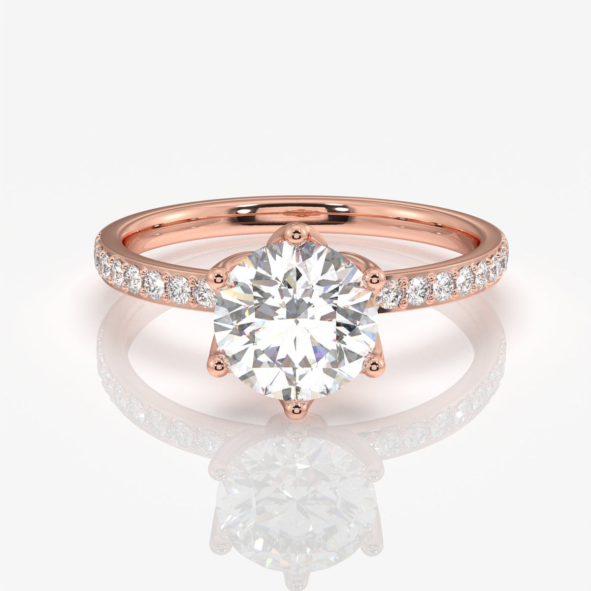 Round Cut Tulip Six Prong Moissanite Diamond Pave Sterling Silver Ring