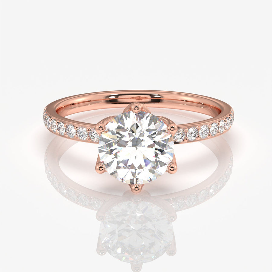 Round Cut Tulip Six Prong Moissanite Diamond Pave Sterling Silver Ring