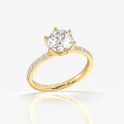 Round Cut Tulip Six Prong Moissanite Diamond Pave Sterling Silver Ring