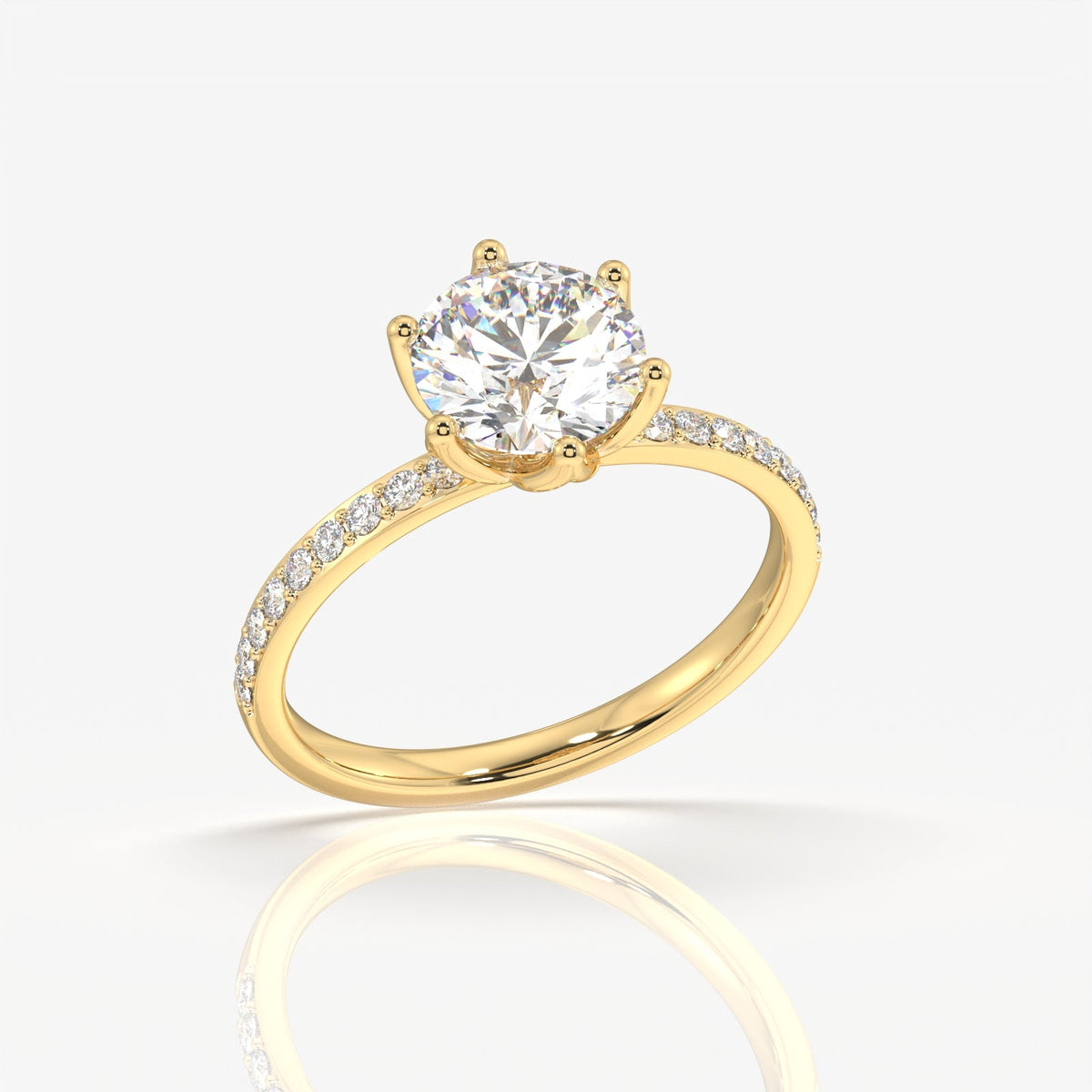 Round Cut Tulip Six Prong Moissanite Diamond Pave Sterling Silver Ring