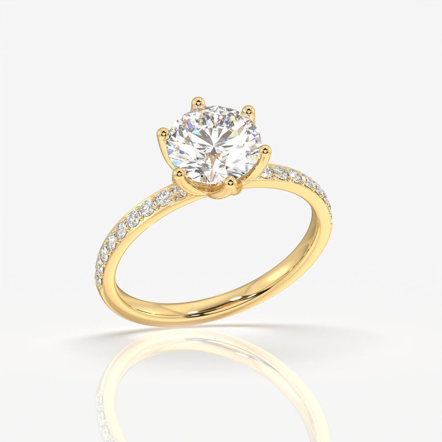 Round Cut Tulip Six Prong Moissanite Diamond Pave Sterling Silver Ring